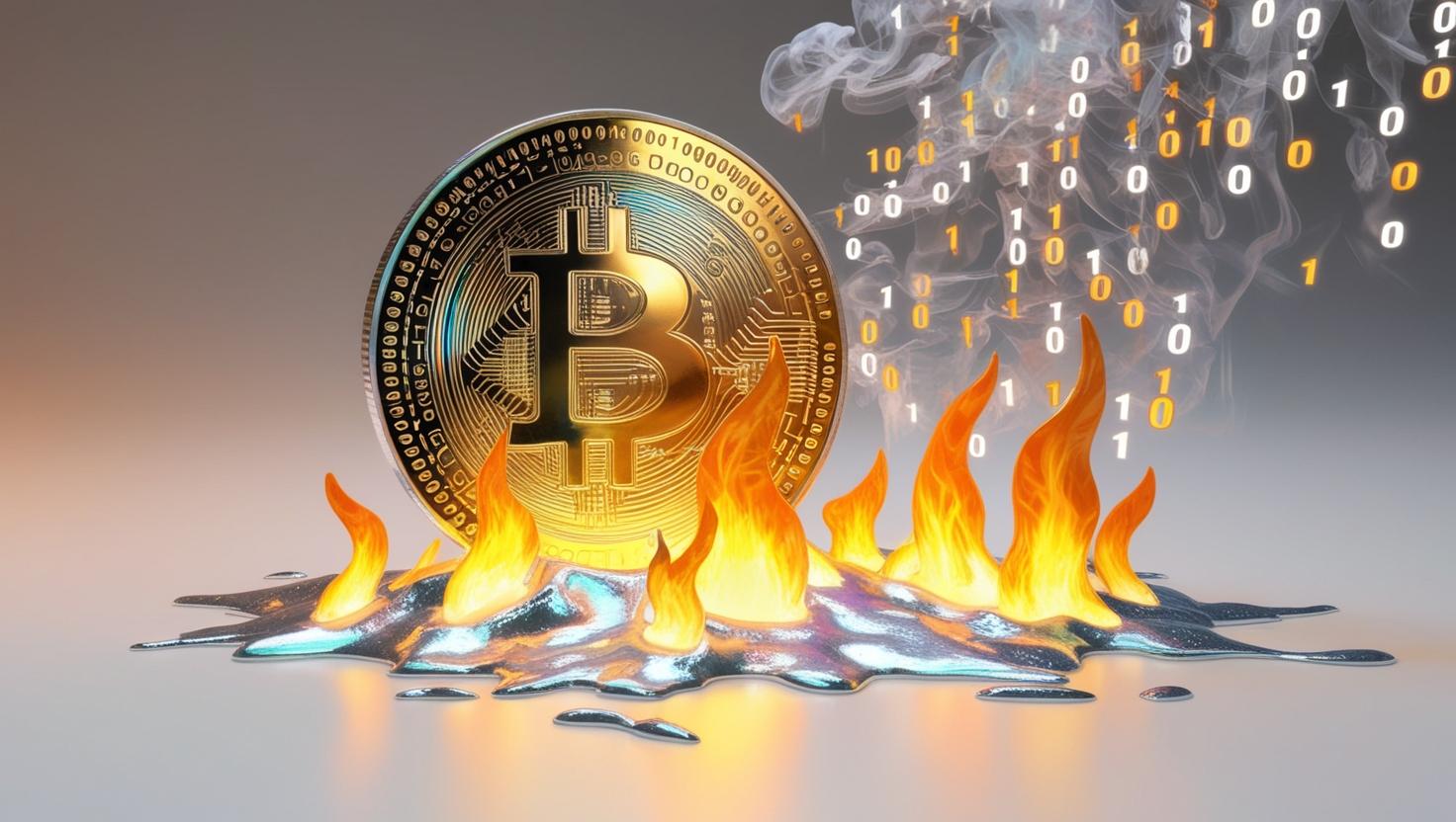A 3D coin being incinerated into ashes with binary code fragments rising like smoke._A holographic coin melting into a blazing digital inferno, emphasizing the _burn_ concept in a light style, no more element.jpg
