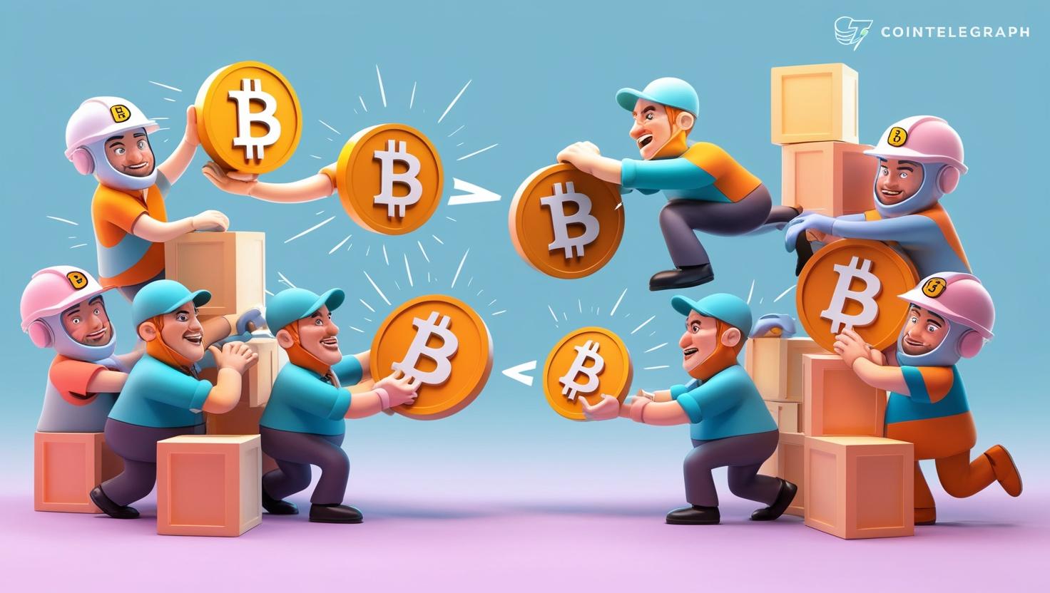 3D  two factions of Bitcoin miners and developers battling over block siz  in  a light style, no more element, no word.jpg