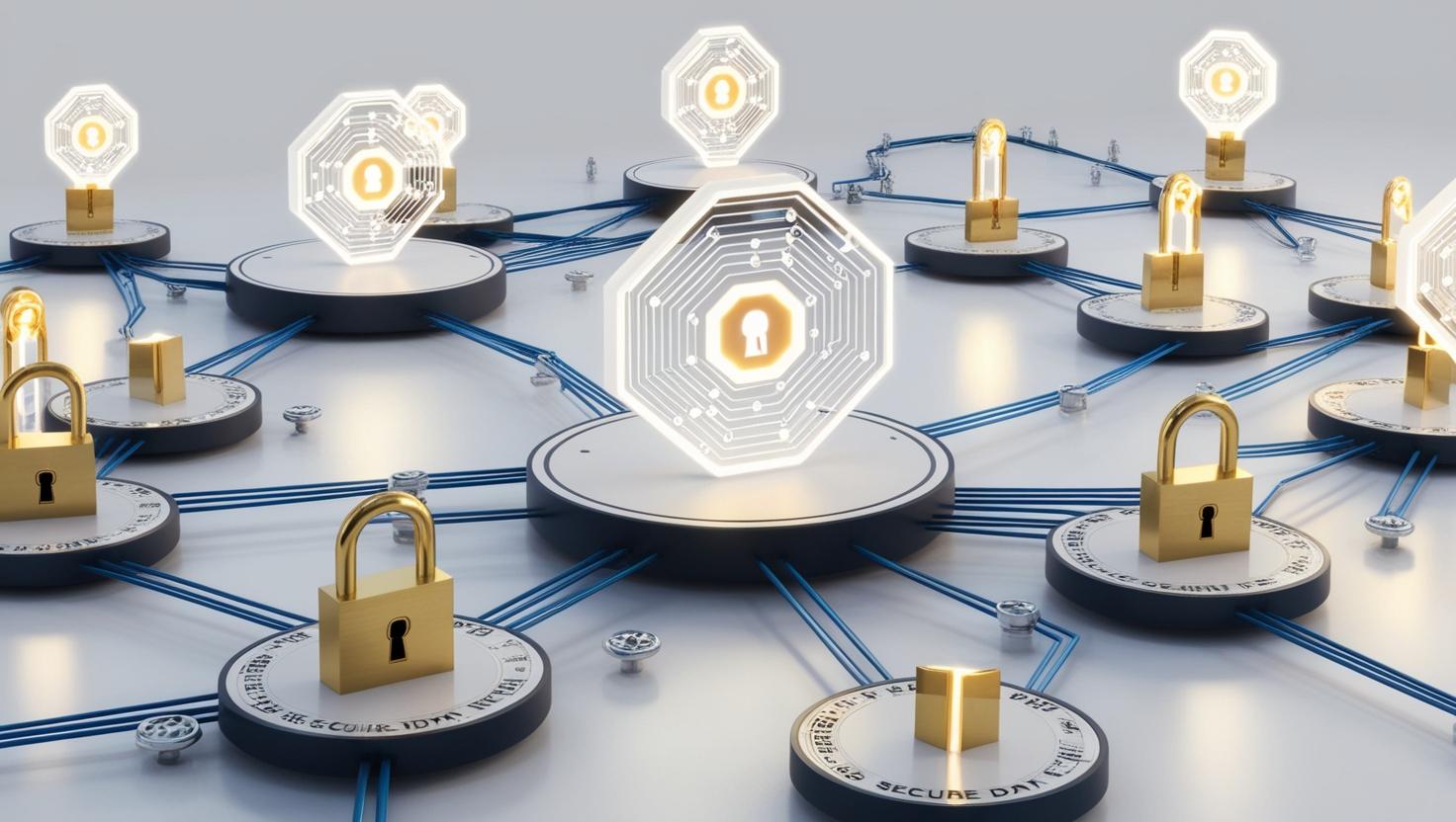 3D representation of blockchain nodes with a decentralized web3 network, data ownership symbols, and digital locks securing personal data in a light style, no more element.jpg
