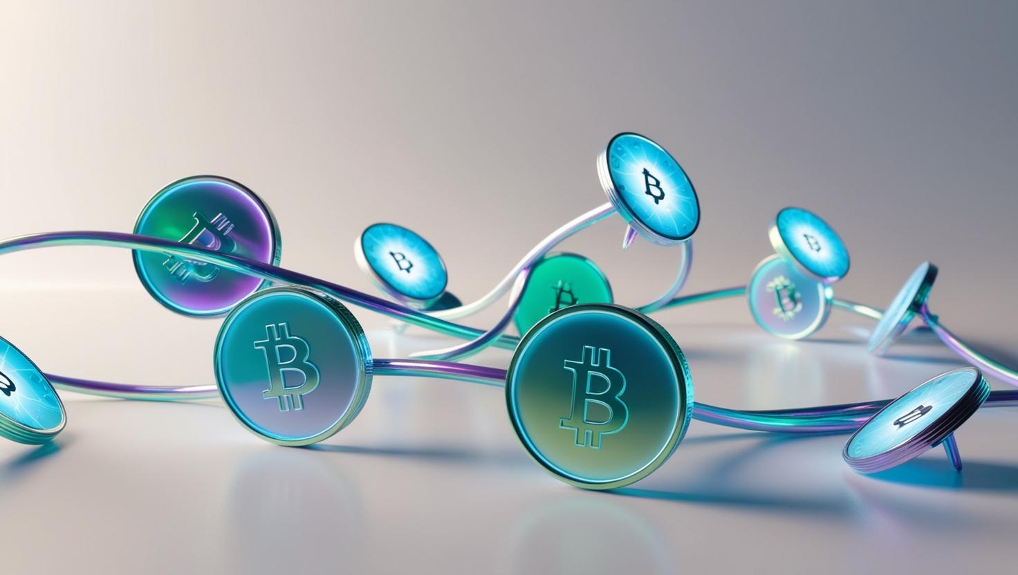 3D Glowing music coins and blockchain nodes intertwining in a light style, no more element, no word.jpg