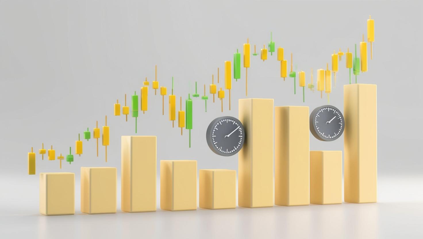 A 3D crypto chart showing quick trades, high-frequency market movements, and fast profit icons. Include dynamic candlesticks and clock symbols to represent short-term profit in a light style, no more element, no word.jpg