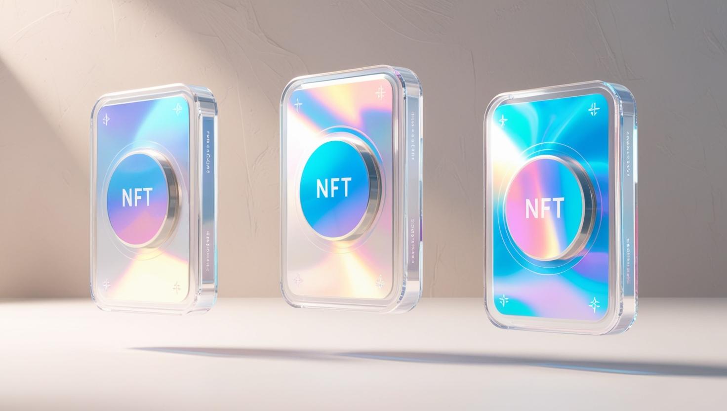 3D Floating NFT tokens in the form of holographic cards or digital artworks in a light style, no more element (1).jpg