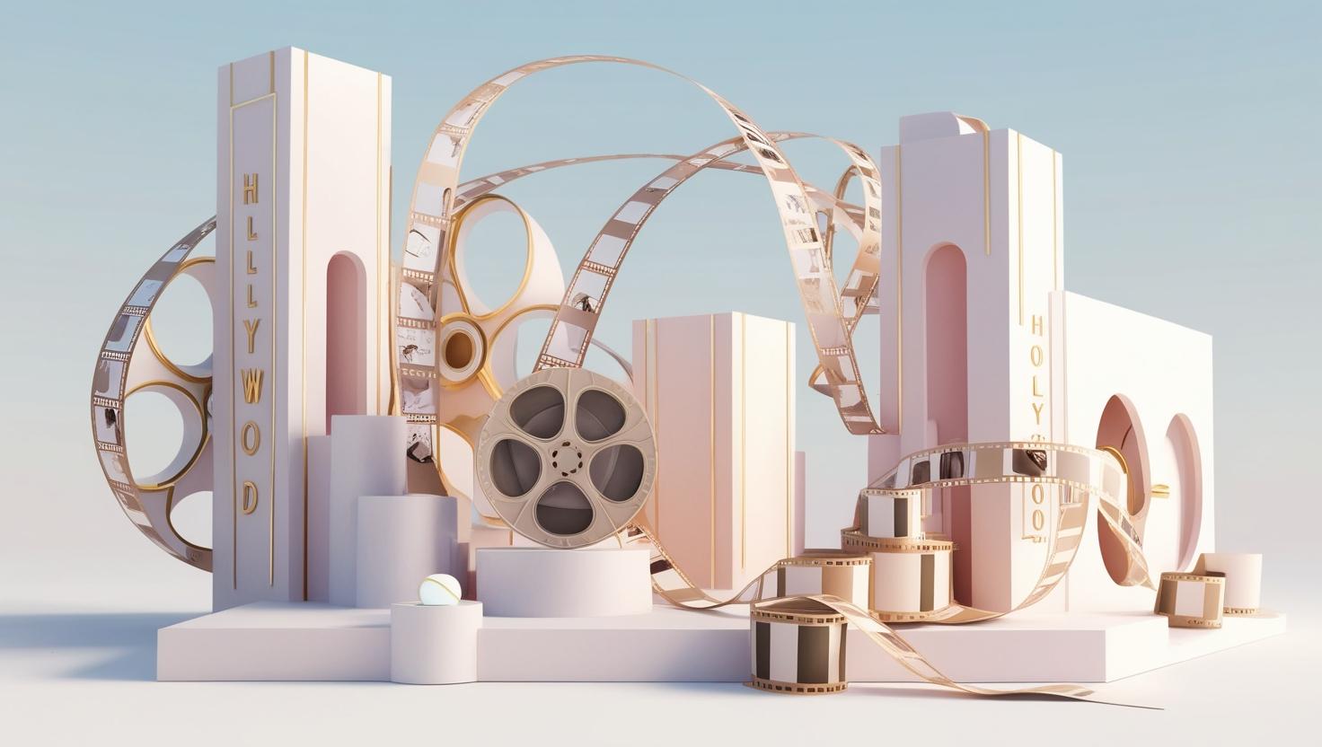 3D representation of NFTs in Hollywood, showing movie reels and NFTs in a light style, no more element, no word.jpg