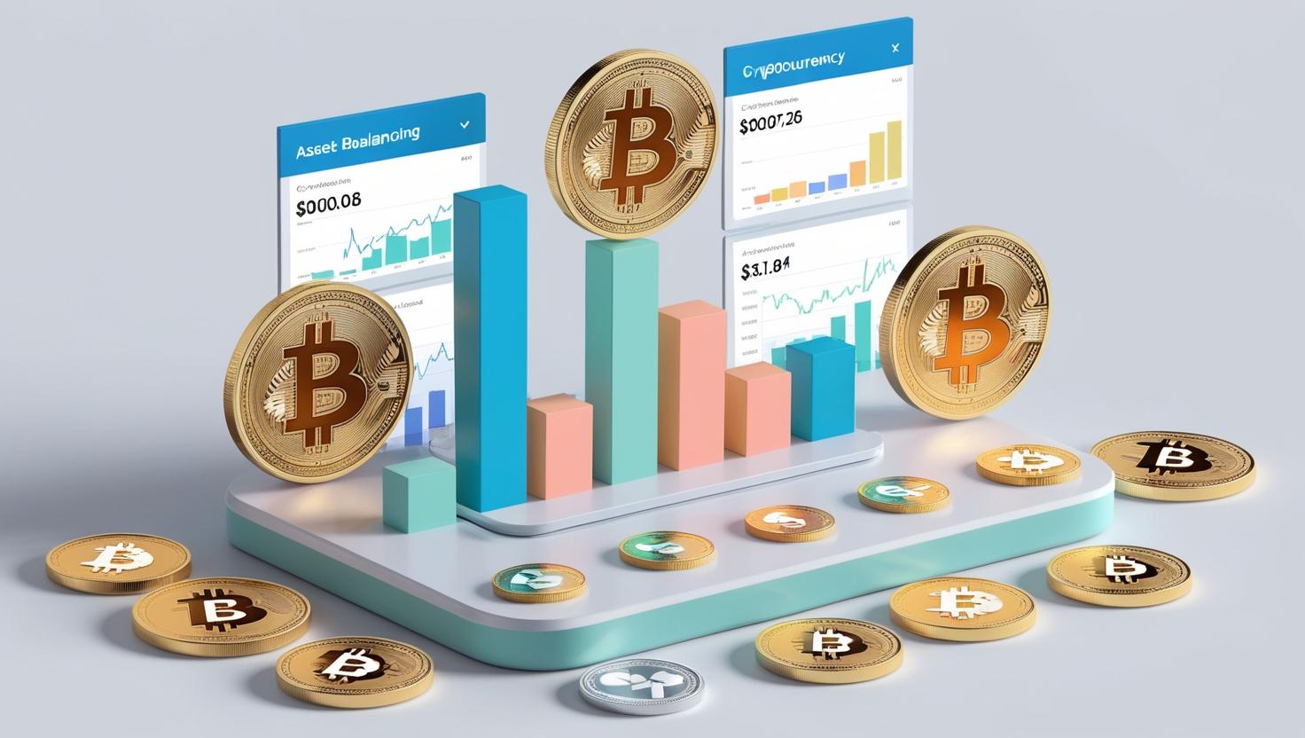 3D portfolio with various cryptocurrencies, showing rebalancing of assets and portfolio adjustments with charts and coins in a light style, no more element, no word.jpg
