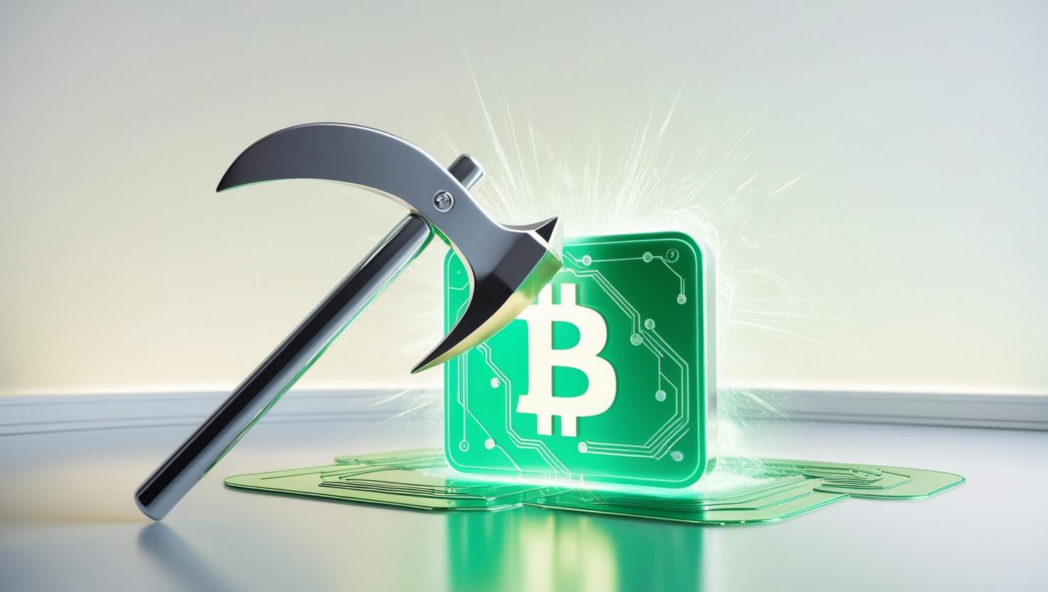 A 3D depiction of a digital pickaxe mining a glowing blockchain block, symbolizing computational work in a light style, no more element (2).jpg