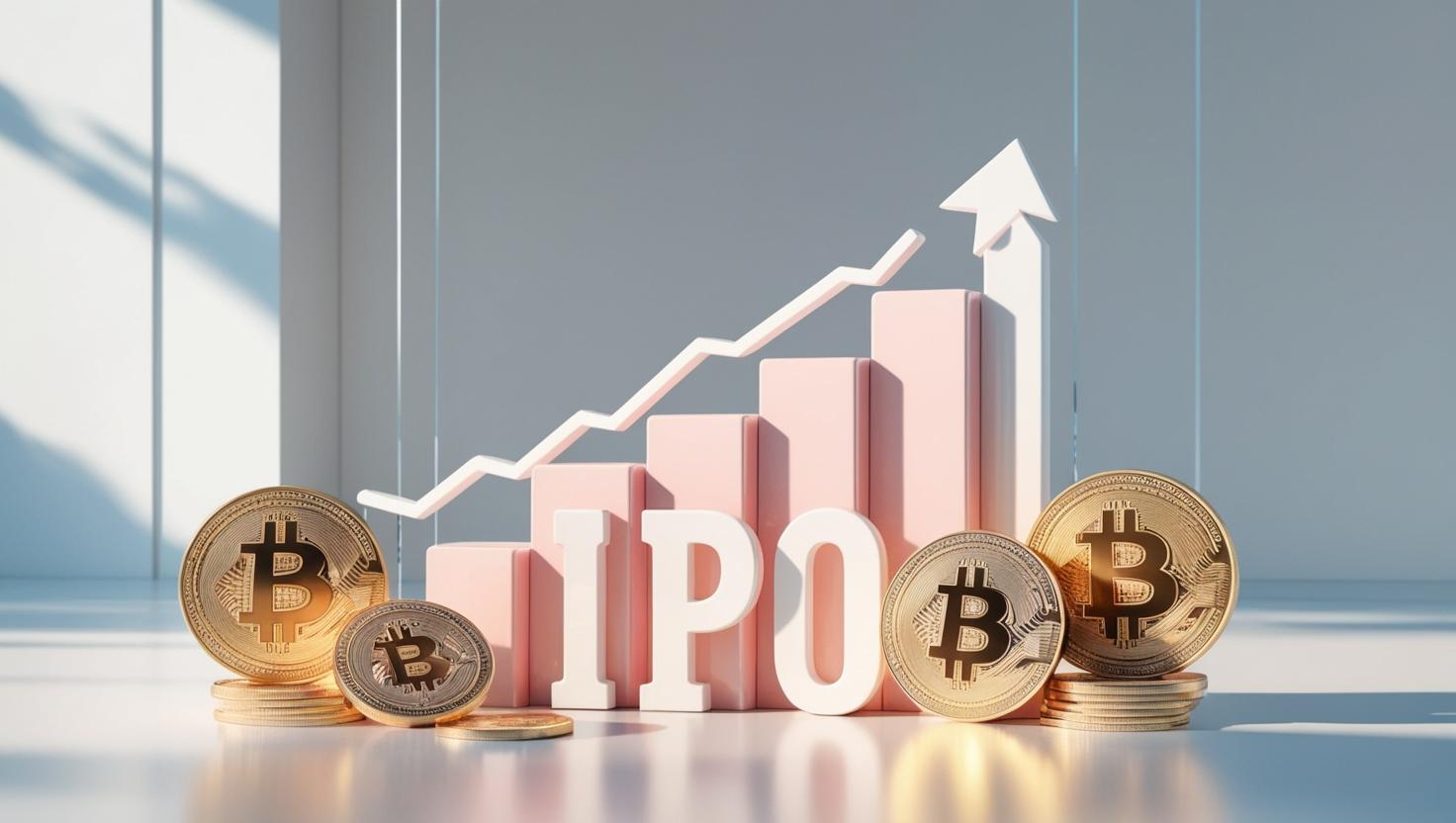 3D rising stock chart with crypto coins, IPO sign, digital finance theme in a light style, no more element.jpg