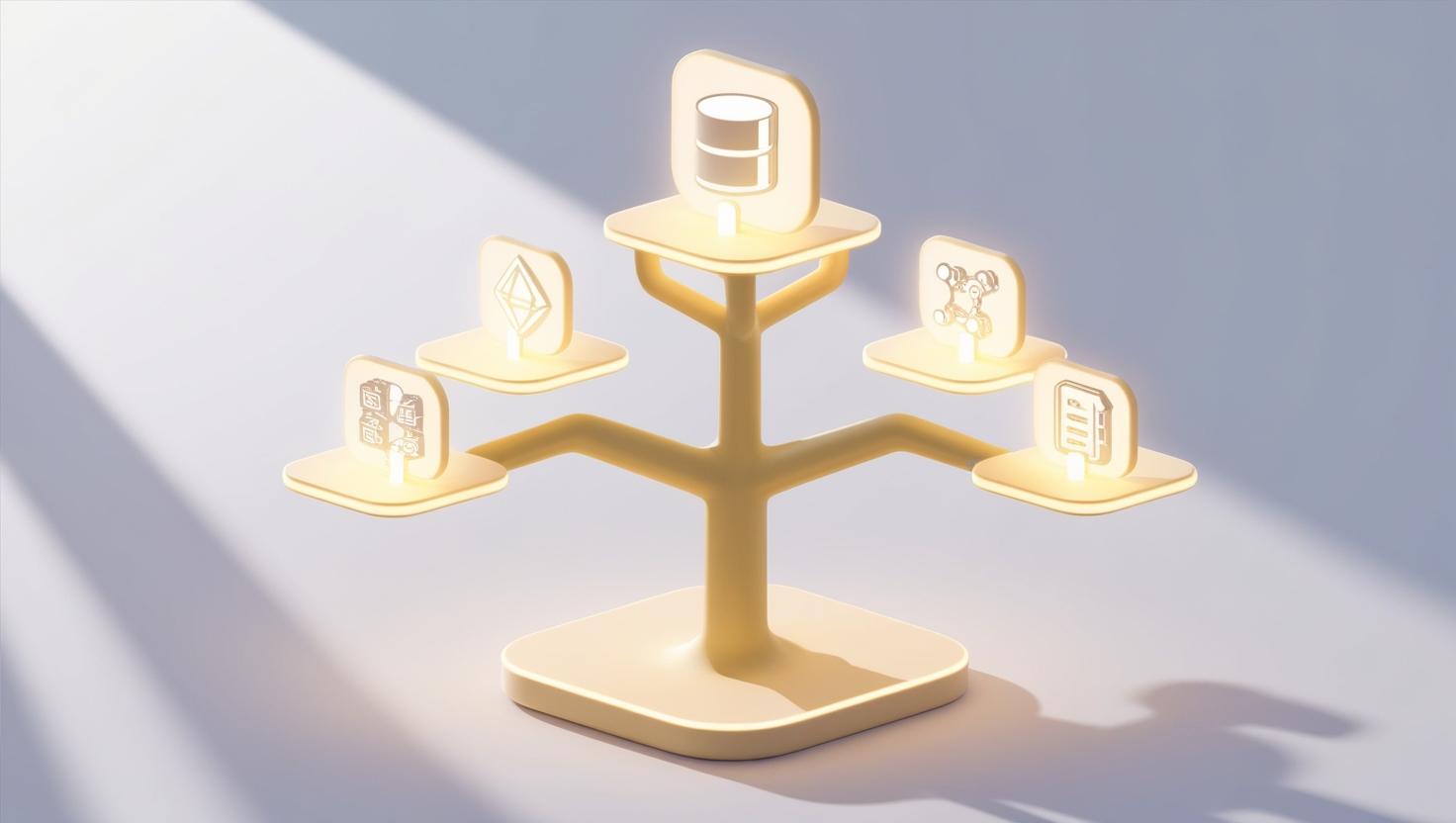 3D Merkle tree structure with blockchain nodes and data icons in a light style, no more element, no word.jpg