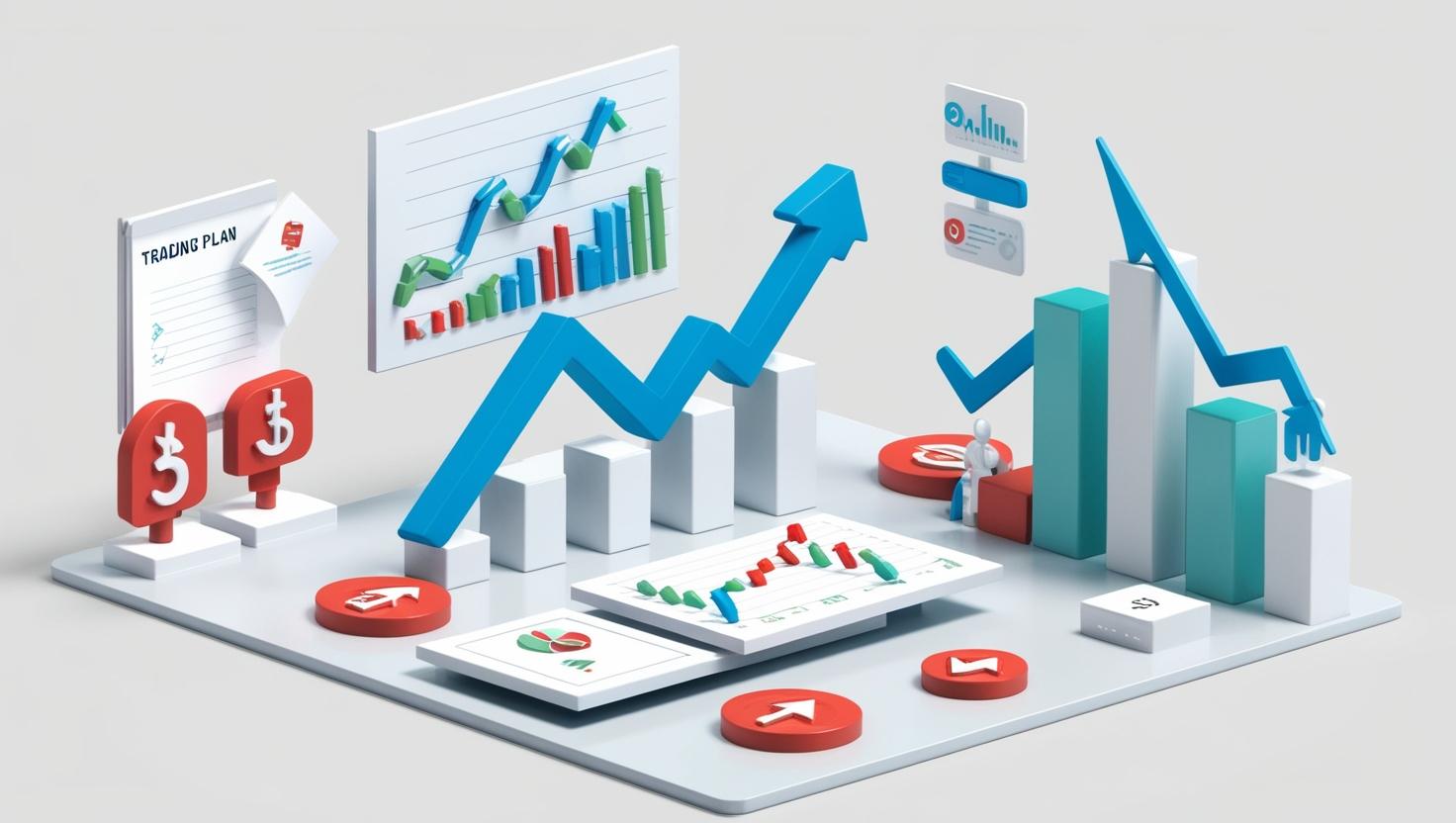 A 3D 3D visual of a trading plan with strategy notes, market charts, and goal-setting icons in a light style, no more element, no word (1).jpg