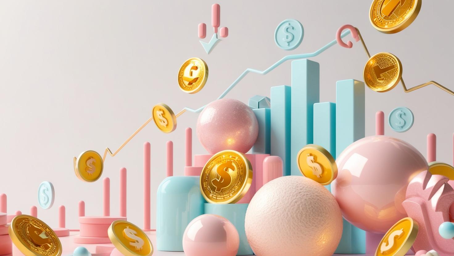 3D Background featuring a combination of gaming elements (e.g., virtual worlds, coins, tokens) and financial symbols (e.g., charts, graphs, dollar signs) in a light style, no more element, no text.jpg