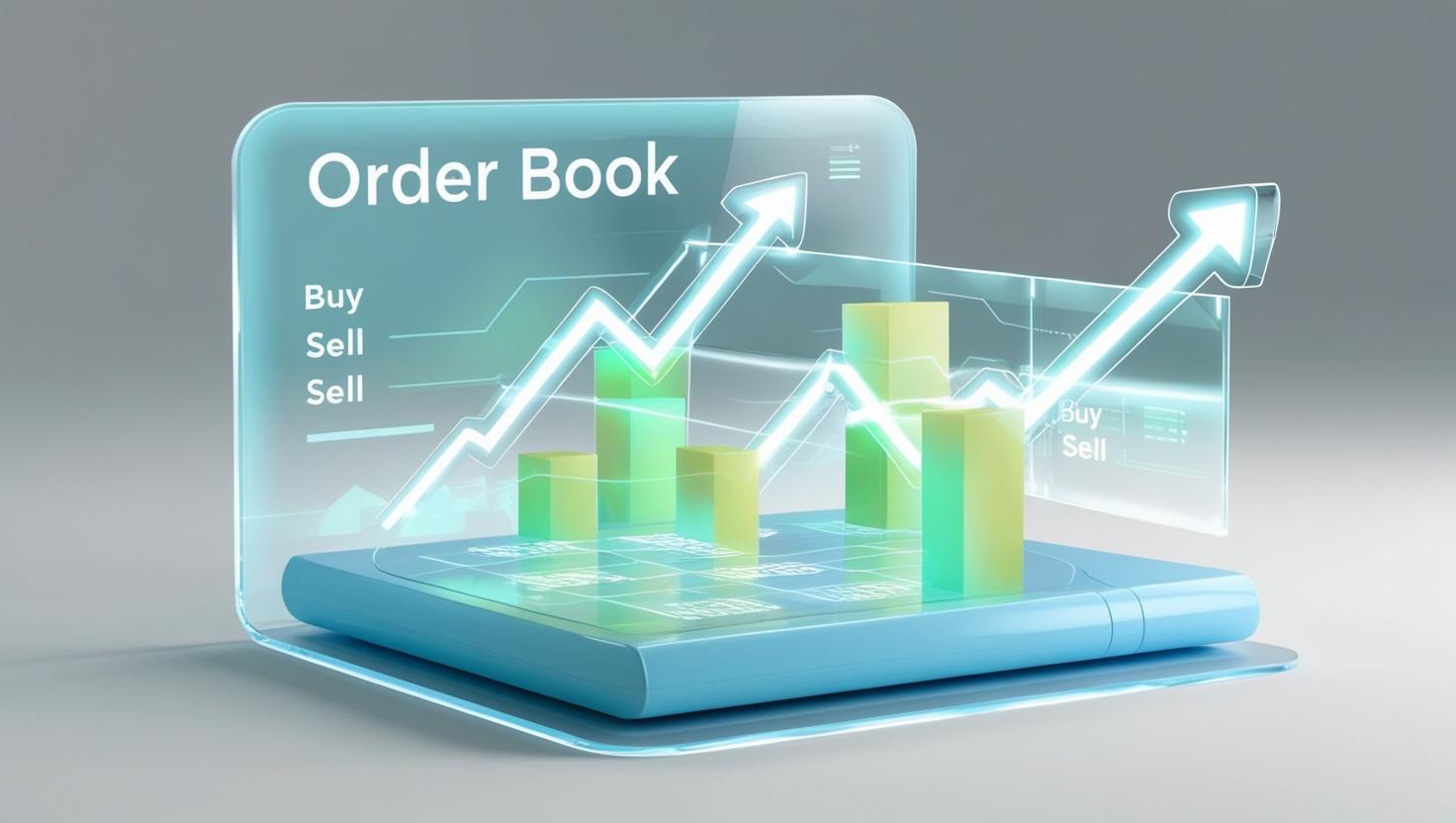 3D representation of a digital order book interface, with buy and sell orders flowing on a transparent screen, showing real-time market activity in a light style, no more element, no text.jpg