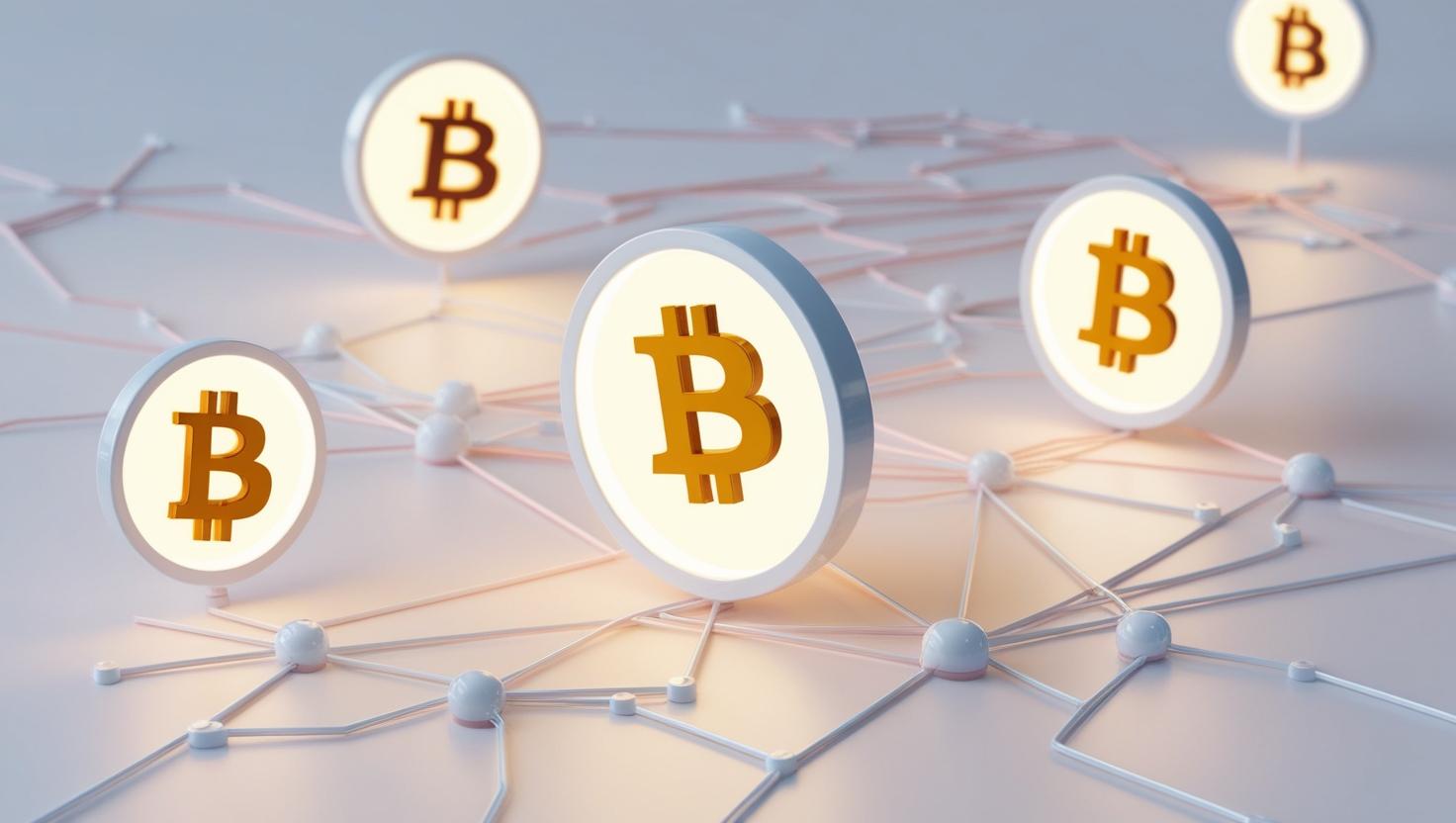 3D Bitcoin mempool with pending transactions and blockchain network in a light style, no more element, no word.jpg