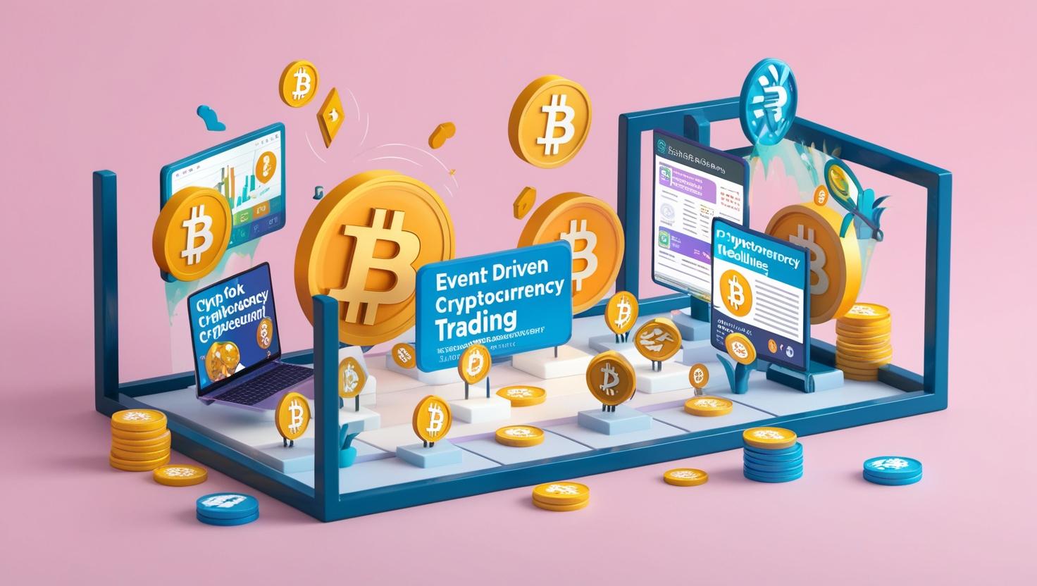 A 3D concept depicting event-driven crypto trading, with major events like forks, token launches, and news flashes in a light style, no more element, no word.jpg