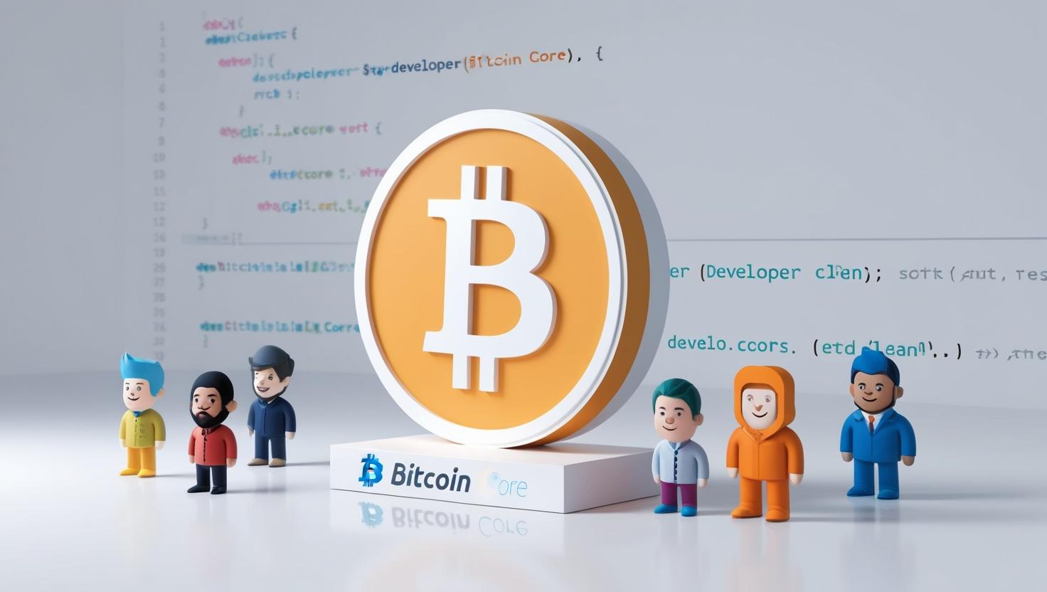 3D Bitcoin Core logo with developer avatars and code snippets in a light style, no more element, no word.jpg