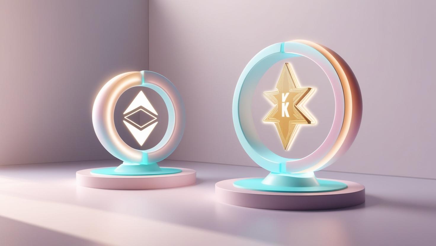 3D glowing Optimistic Rollup vs. ZK-Rollup with blockchain icons in a light style, no more element, no word.jpg