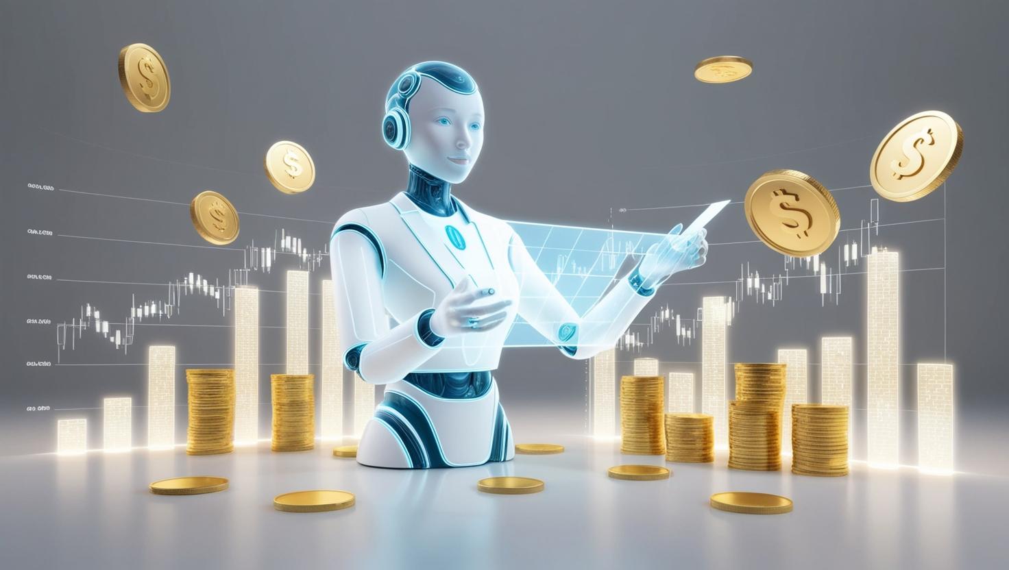 3D AI assistant hologram analyzing financial charts, glowing graphs and coins floating around in a light style, no more element, no word.jpg