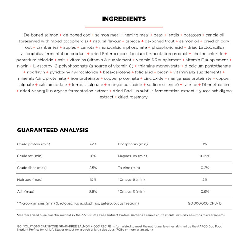 Go! Solutions Carnivore Grain-Free Salmon + Cod Recipe cat food ingredients
