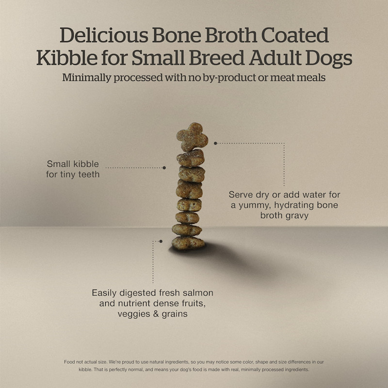 Delicious bone broth coated kibble for small breed adult dogs