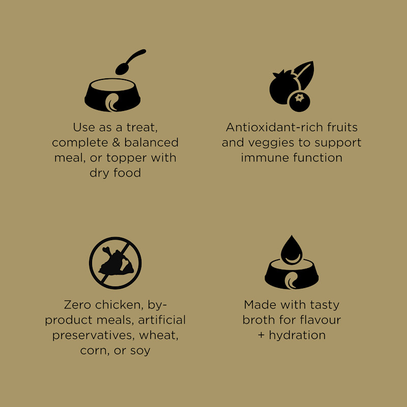 Use as a meal or topper, antioxidant-rich ingredients, zero by-product meals, and made with tasty broth