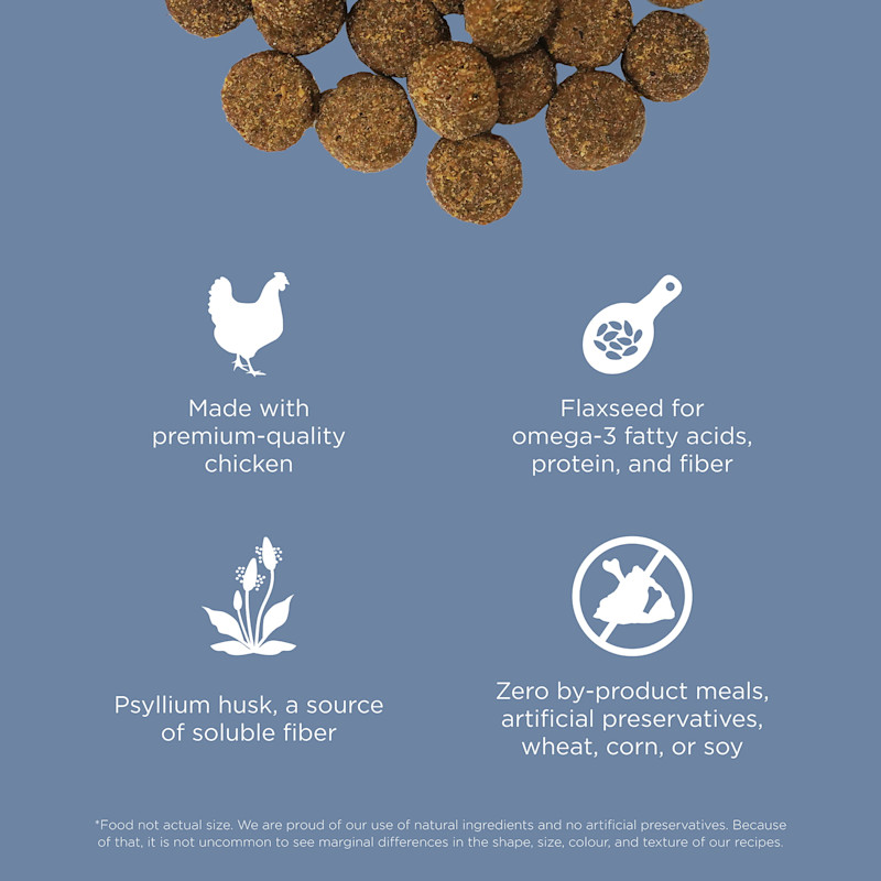 Made with premium-quality chicken, flaxseed, psyllium husk, and zero by-product meals
