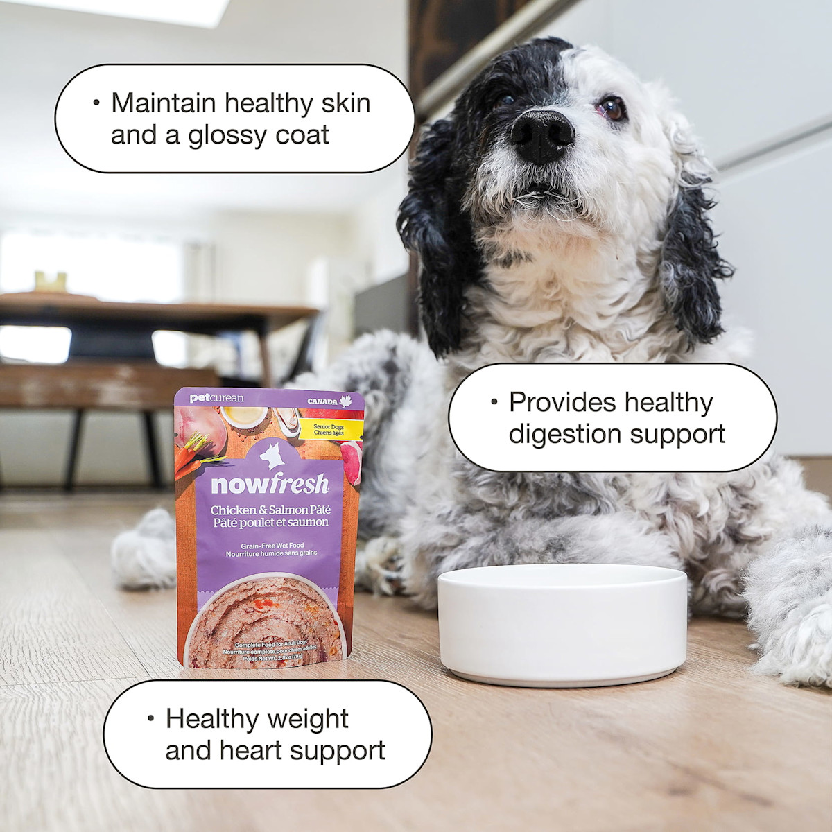 Maintains healthy skin and a glossy coat, provides healthy digestion support, and healthy weight and heart support