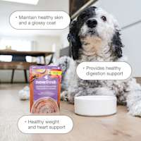 Maintains healthy skin and a glossy coat, provides healthy digestion support, and healthy weight and heart support