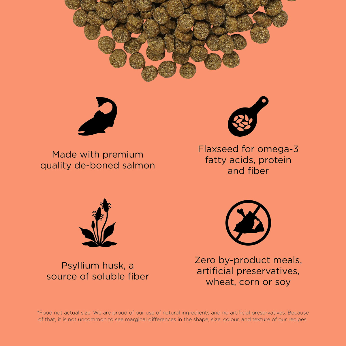 Made with premium-quality de-boned salmon, flaxseed, psyllium husk, and zero by-product meals