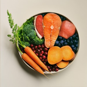 Bowl of fresh fruits, veggies, and meat