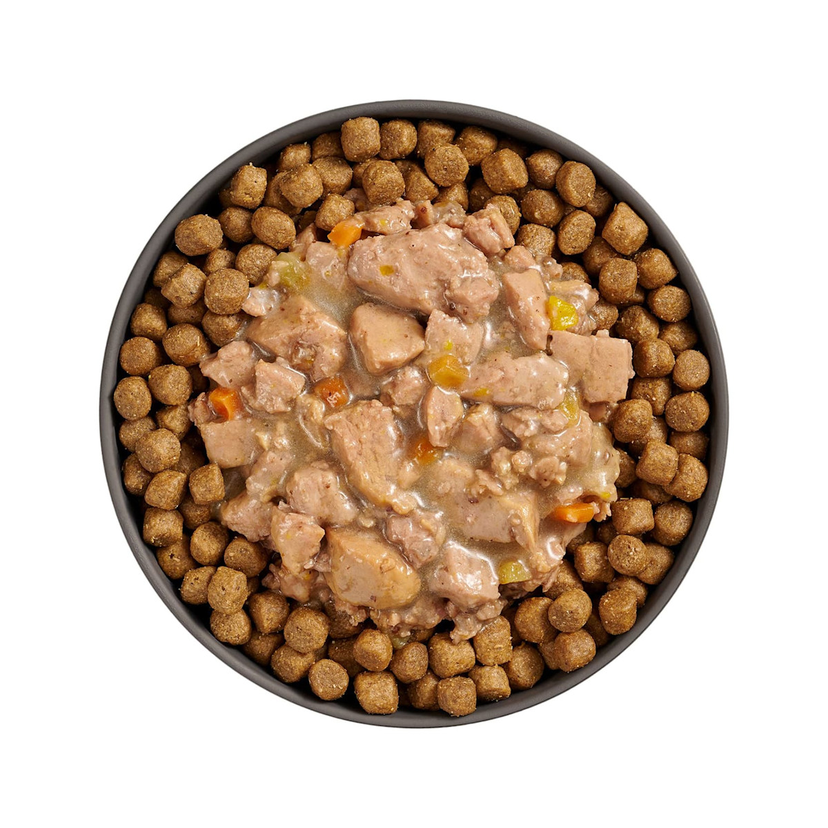 Bowl of kibble topped with Go! Booster Digestive Health Minced Chicken + Duck recipe for cats