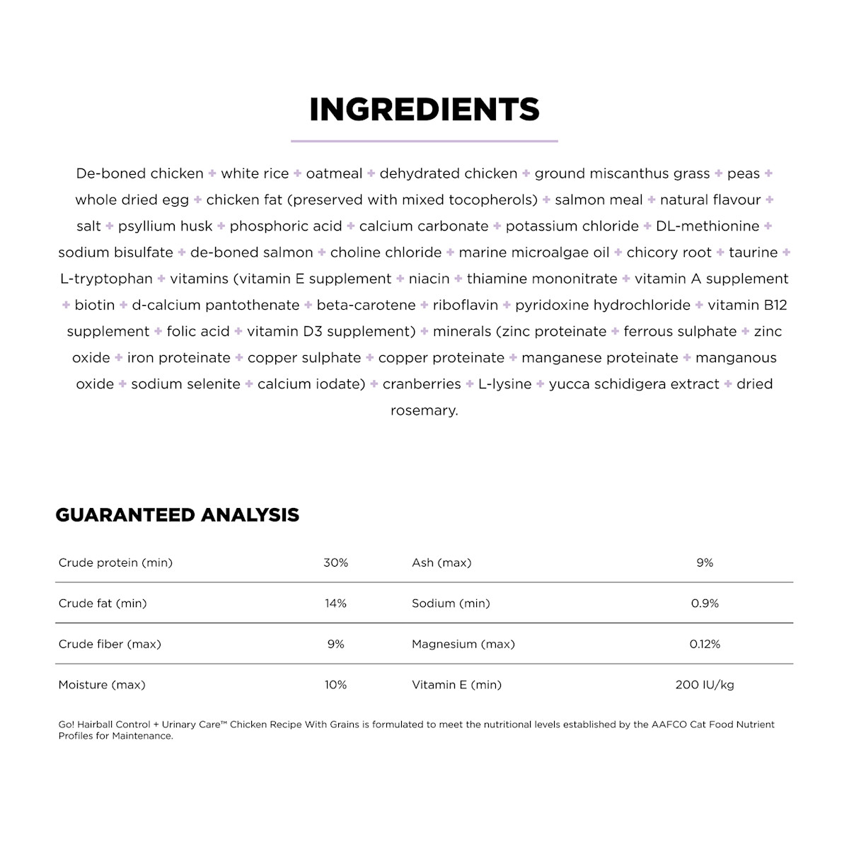 Go! Solutions Hairball Control + Urinary Care Chicken Recipe with Grains cat food ingredients