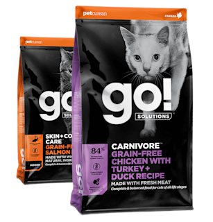Go! Solutions Skin + Coat Care Salmon and Carnivore Chicken, Turkey + Duck recipes for cats