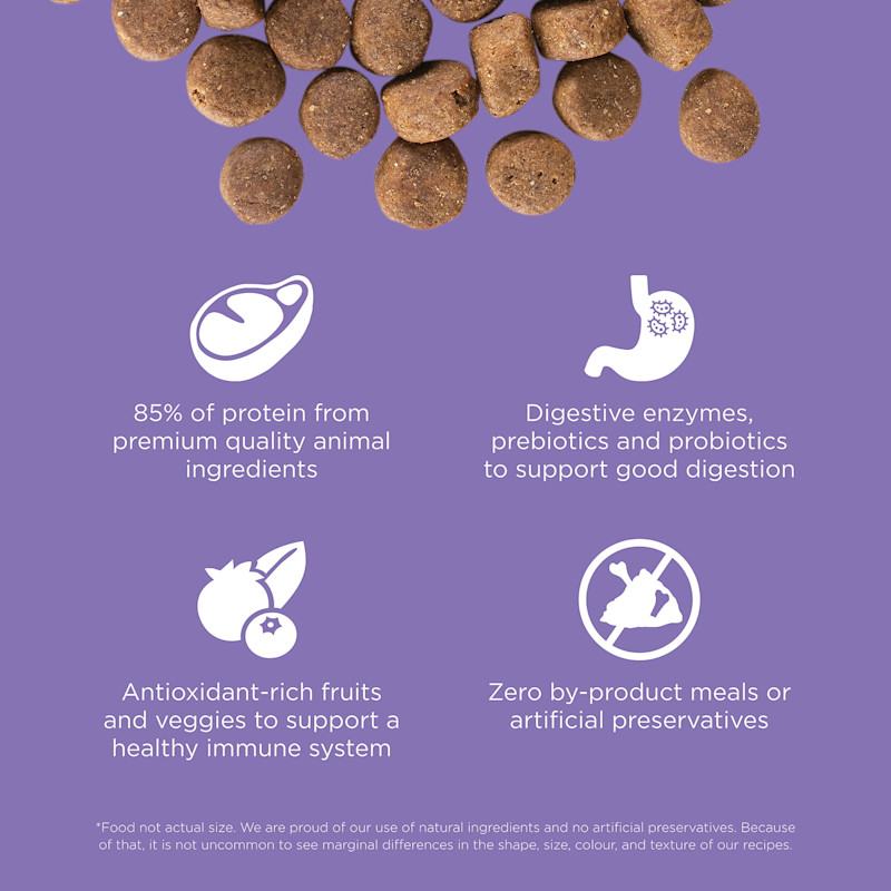 85% of protein from animal sources, digestive enzymes, antioxidant-rich ingredients, and zero by-product meals