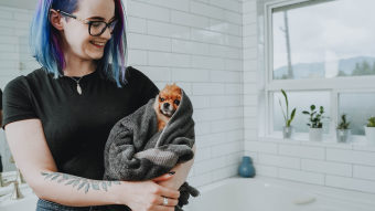 Pet parent holding Pomeranian dog in towel in bathroom after bath