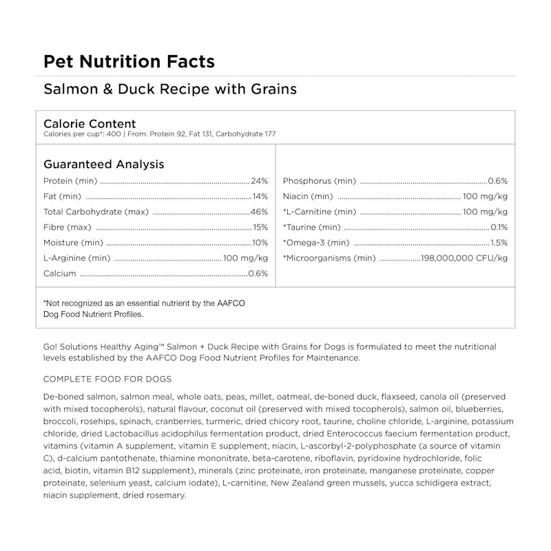 Go! Solutions Healthy Aging Salmon + Duck Recipe for Dogs Pet Nutrition Facts