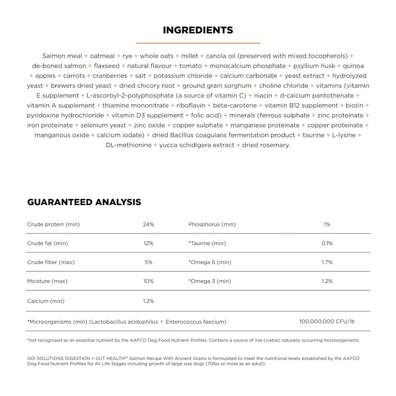 Go! Solutions Digestion + Gut Health Salmon Recipe with Ancient Grains dog food ingredients