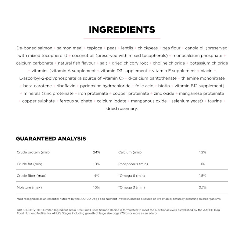 Go! Solutions Sensitivities Small Bites Limited Ingredient Grain-Free Salmon Recipe dog food ingredients