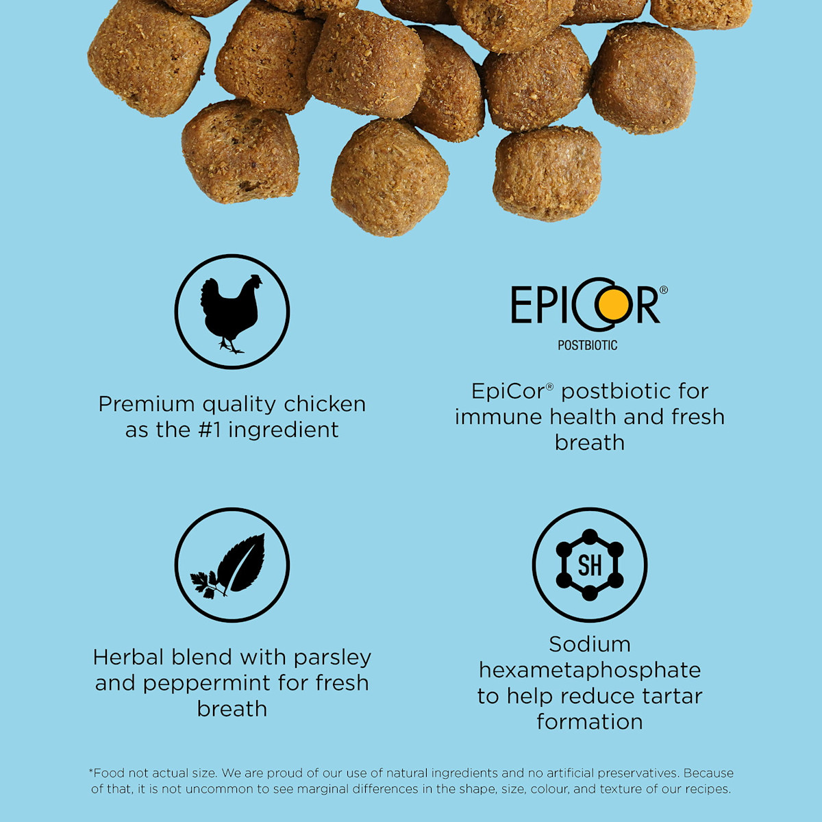Premium-quality chicken as #1 ingredient, EpiCore® postbiotic, parsley and peppermint, and ingredients to reduce tartar formation