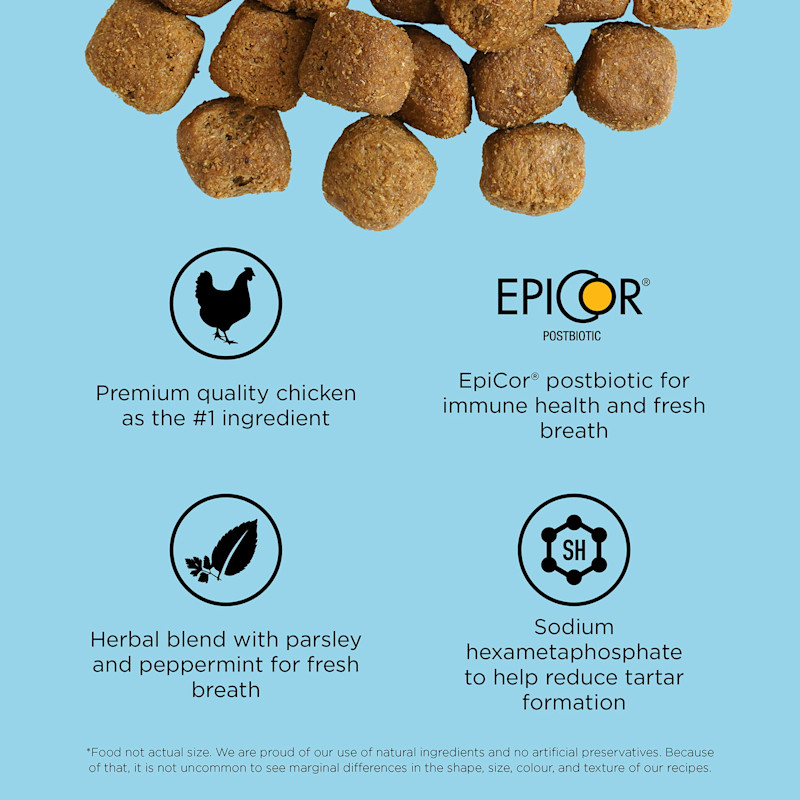 Premium-quality chicken as #1 ingredient, EpiCore® postbiotic, parsley and peppermint, and ingredients to reduce tartar formation