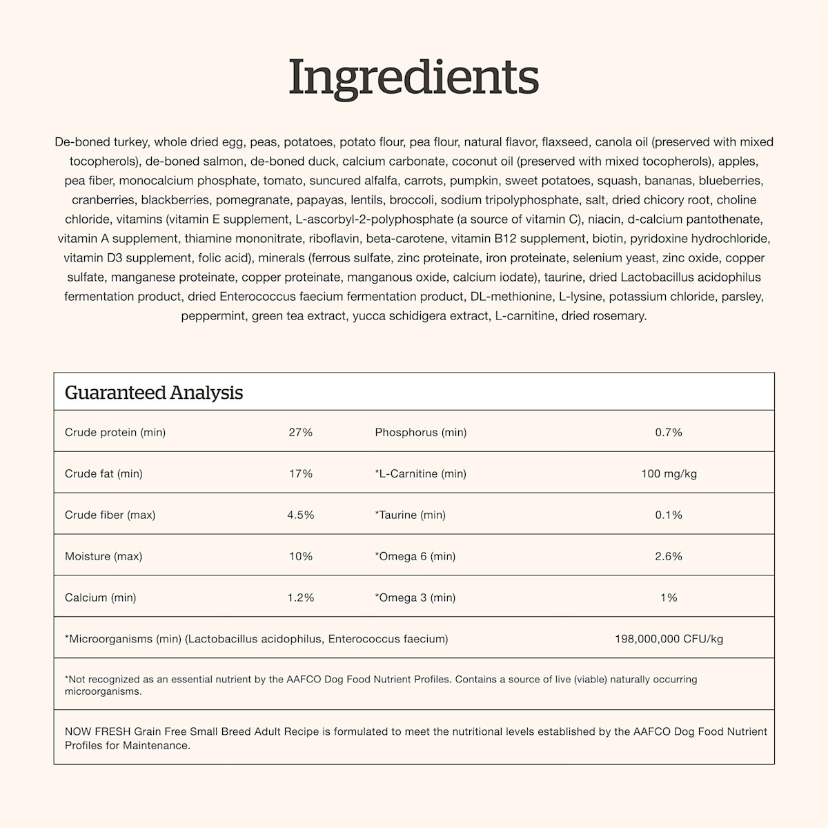 Now Fresh Small Breed Adult Recipe dog food ingredients