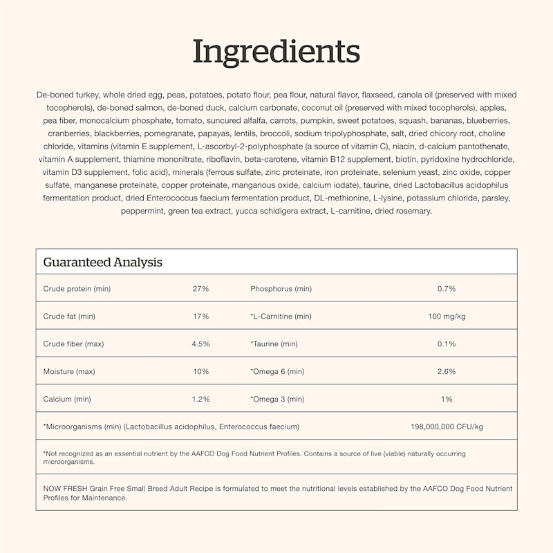 Now Fresh Small Breed Adult Recipe dog food ingredients