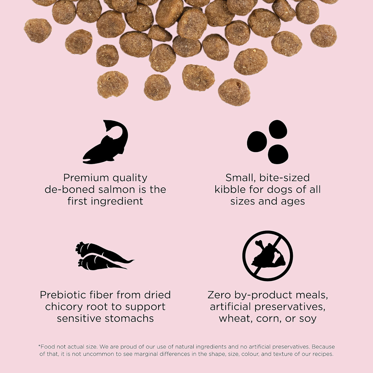 Premium-quality de-boned salmon as the first ingredient, small, bite-sized kibble, prebiotic fibre from chicory root, and zero by-product meals