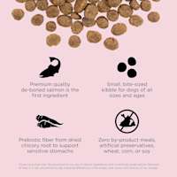 Premium-quality de-boned salmon as the first ingredient, small, bite-sized kibble, prebiotic fiber from chicory root, and zero by-product meals