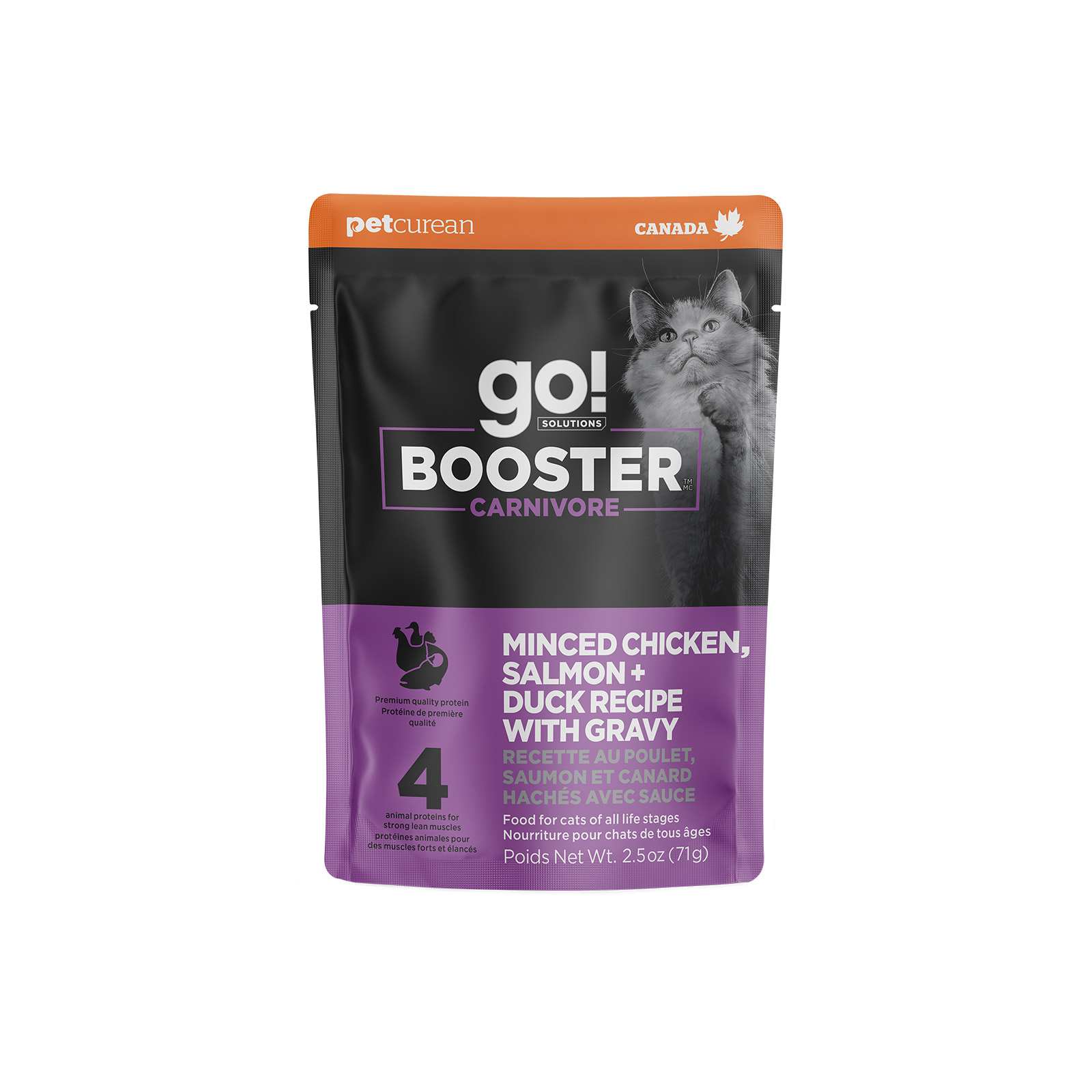 Go! Booster Carnivore Minced Chicken, Salmon + Duck Recipe with Gravy for Cats