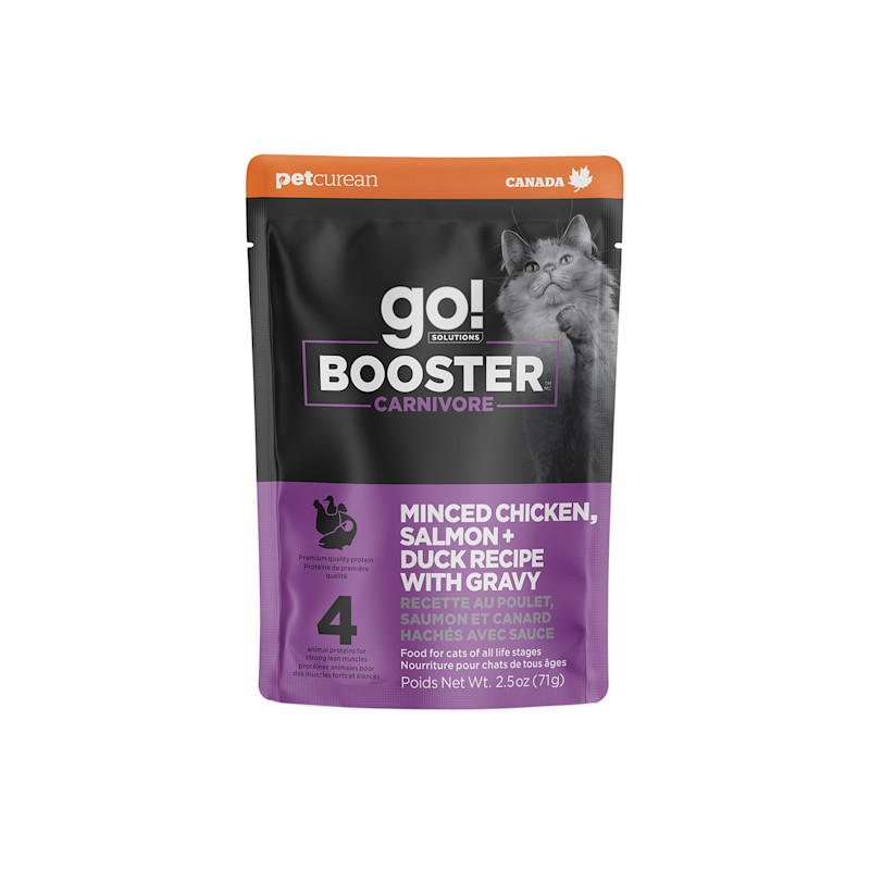 Go! Booster Carnivore Minced Chicken, Salmon + Duck Recipe with Gravy for Cats