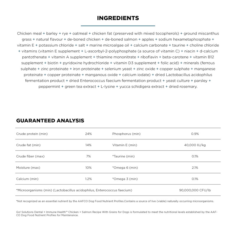 Go! Solutions Dental + Immune Health Chicken + Salmon for Dogs ingredients