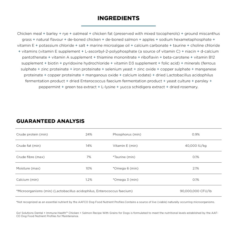 Go! Solutions Dental + Immune Health Chicken + Salmon for Dogs ingredients