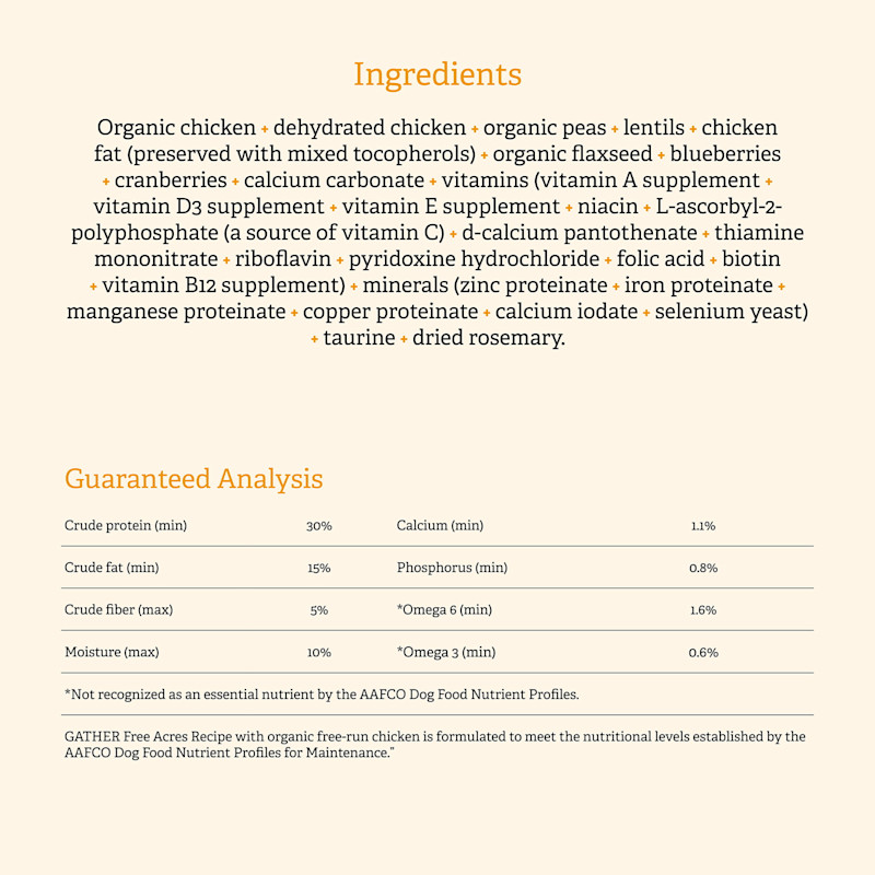Gather Free Acres dog food ingredients