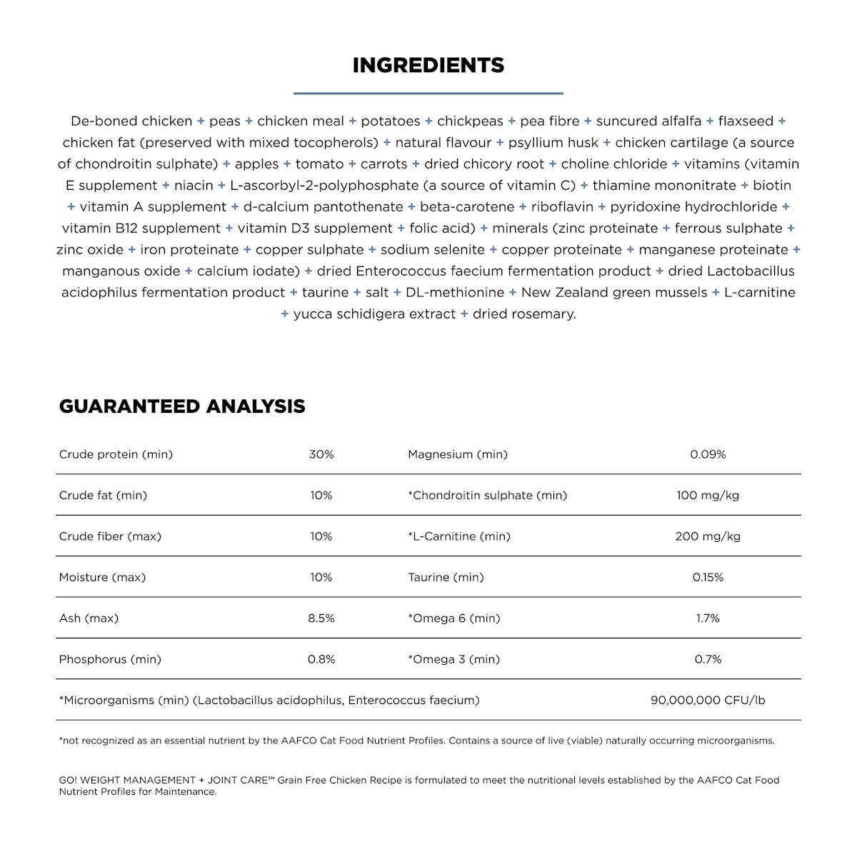 Go! Solutions Weight Management + Joint Care Grain-Free Chicken Recipe cat food ingredients