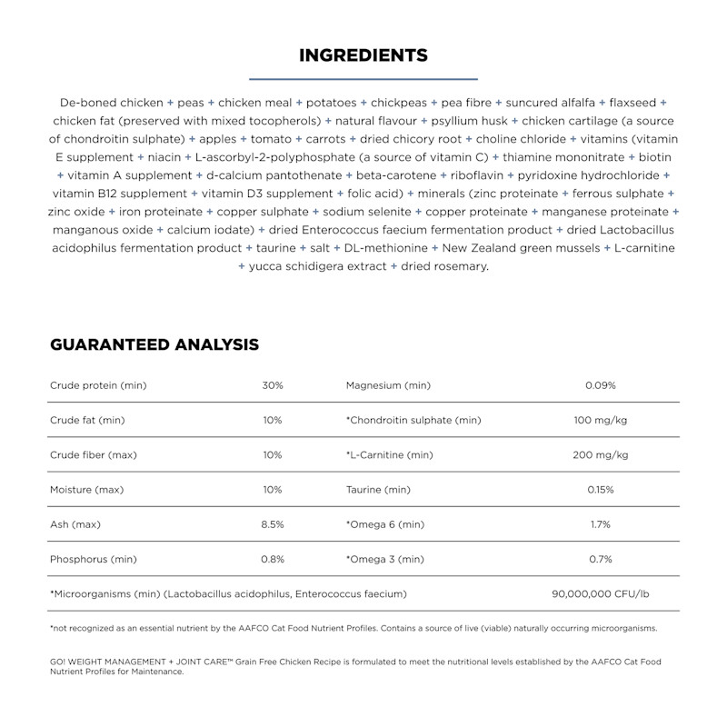 Go! Solutions Weight Management + Joint Care Grain-Free Chicken Recipe cat food ingredients