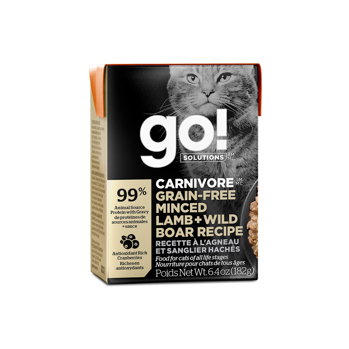 Nourriture humide pour chats Go! Solutions Carnivore, recette sans grains à l'agneau et au sanglier hachés