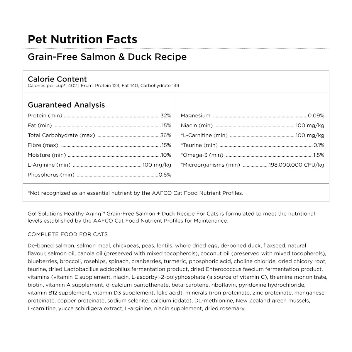 Go! Solutions Healthy Aging Salmon + Duck Recipe for Cats Pet Nutrition Facts